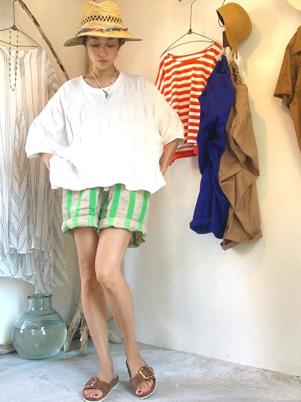 「porto poneponeのアイテム（Tシャツ/カットソー、ホワイト系）」を使った、noriさん（レディース・159cm）の夏コーディネートの1枚目の写真