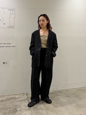 「BEAUTY&YOUTH UNITED ARROWS(ビューティーアンドユースユナイテッドアローズ)の麻ブレンド ストライプ カラーレス ジャケット(ノーカラージャケット、ブラック系)」を使った、MOMOKA YANAGIYAさん(レディース・158cm)の春コーディネート