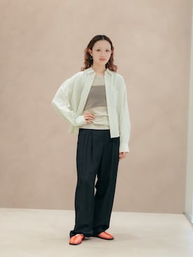 「BEAUTY&YOUTH UNITED ARROWS(ビューティーアンドユースユナイテッドアローズ)のコットンポリウレタン ロングスリーブカットソー&バンドゥ(Tシャツ/カットソー、グリーン系)」を使った、MOMOKA YANAGIYAさん(レディース・158cm)の春コーディネート