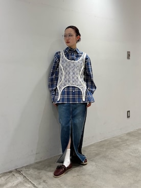 「BEAUTY&YOUTH UNITED ARROWS(ビューティーアンドユースユナイテッドアローズ)のコットン チェック オーバーサイズ シャツ(シャツ/ブラウス、ブルー系)」を使った、MOMOKA YANAGIYAさん(レディース・158cm)の春コーディネート