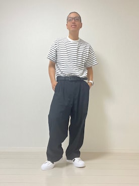 「ロングヘア」｜「アイテム（スラックス）」を使った、Sawaさん（メンズ・170cm）の夏コーディネート