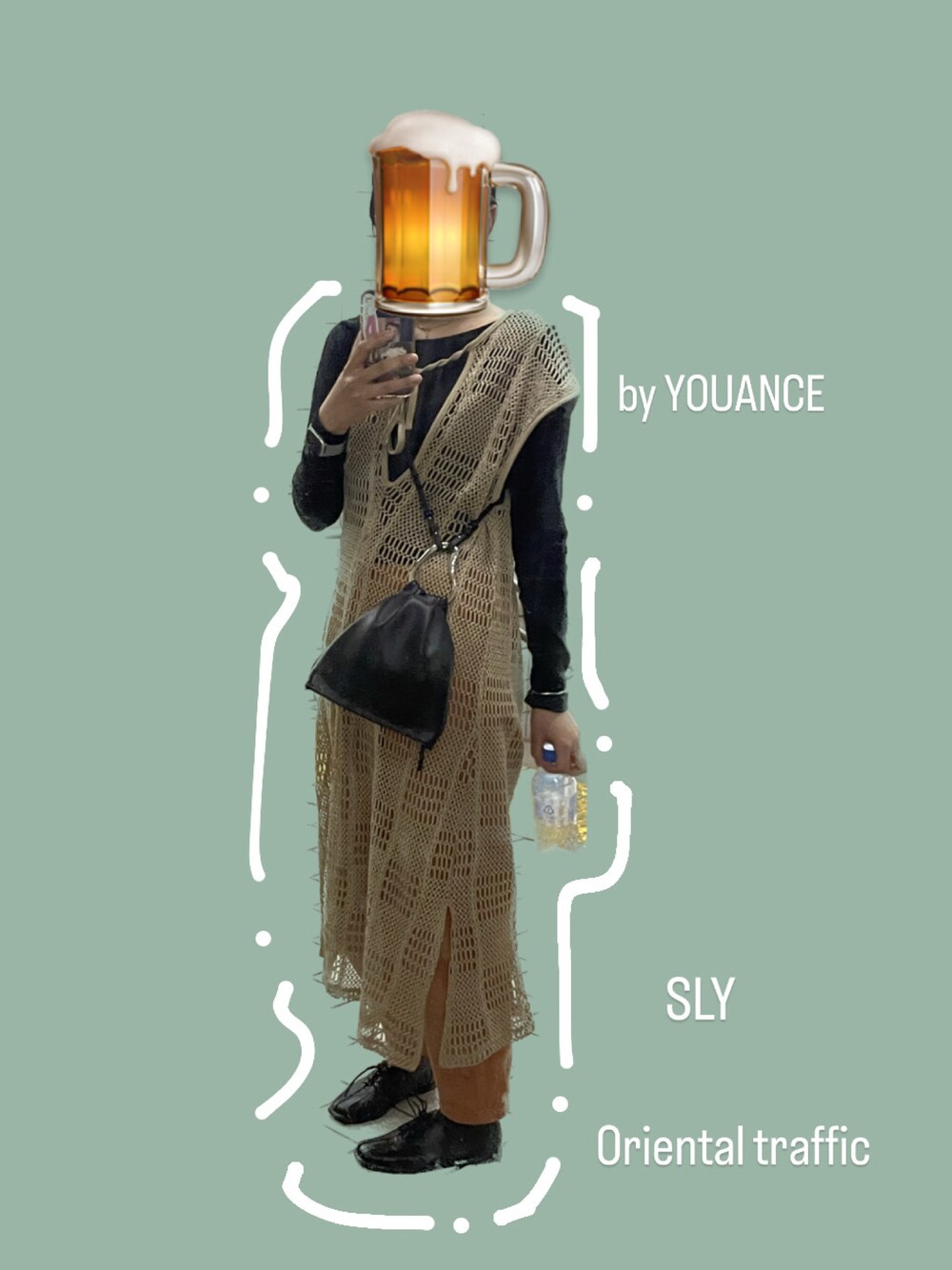 「メッシュワンピ、オレンジパンツ、メッシュトップス、レイヤードスタイル、ショルダーバッグ」｜「byYOUANCEのアイテム（ワンピース、ベージュ系）」を使った、ぐるぐるさん（レディース・168cm）の春コーディネートの1枚目の写真