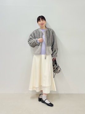 「MICO COULIER（ミコクリエ）のエコミンクファージャケット（ブルゾン、ベージュ系）」を使った、すずき ちかさん（レディース・161cm）の秋コーディネート