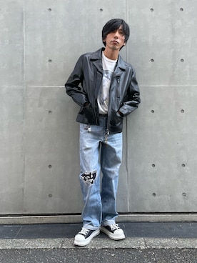 「アイテム（ライダースジャケット）」を使った、munenoreachさん（メンズ・174cm）の夏コーディネート