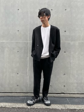 「5351 POUR LES HOMMES（ゴーサンゴーイチプールオム）の【セットアップ対応】ストレッチ スエード ノーカラージャケット（ノーカラージャケット）」を使った、munenoreachさん（メンズ・174cm・30代）の秋コーディネート