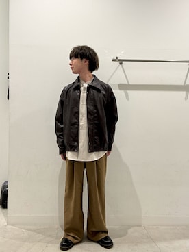 「SENSE OF PLACE by URBAN RESEARCH（センスオブプレイスバイアーバンリサーチ）のウールタッチストライプワイドフレアパンツ（その他パンツ）」を使った、ぐっぴーさん（メンズ・168cm）の秋コーディネート