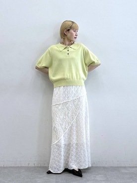 「RAGEBLUE（レイジブルー）の＜Bloomy Yarn Knit＞ショートニットポロシャツ（ポロシャツ、イエロー系）」を使った、たけおさん（レディース・157cm）の春コーディネート