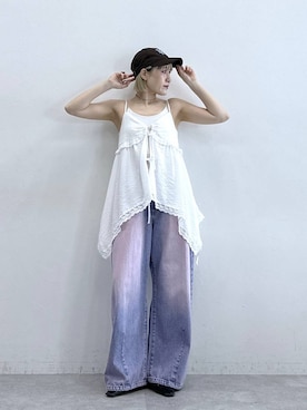「RAGEBLUE（レイジブルー）のアシメウエスト/加工カーブデニムパンツ（デニムパンツ、ピンク系）」を使った、たけおさん（レディース・157cm）の夏コーディネート
