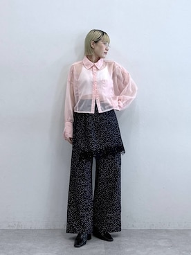 「RAGEBLUE（レイジブルー）の切り替えショートシアーシャツ（シャツ/ブラウス、ピンク系）」を使った、たけおさん（レディース・157cm）の夏コーディネート