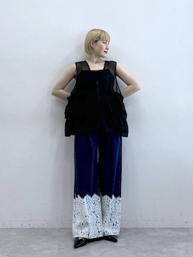 「RAGEBLUE（レイジブルー）のレースデザインワイドデニムパンツ（デニムパンツ、ブルー系）」を使った、たけおさん（レディース・157cm）の春コーディネート