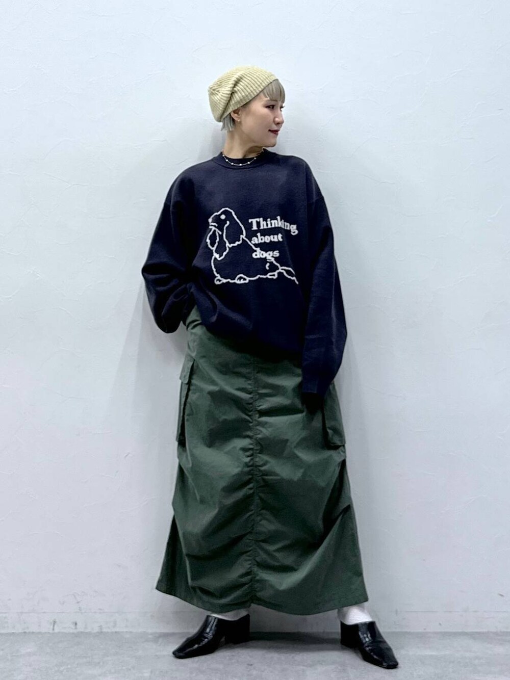 「LOWRYS FARMのビーズニットワッチ　128530（ハンチング/ベレー帽、ベージュ系）」を使った、たけおさん（レディース・157cm）の秋コーディネートの1枚目の写真