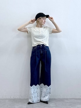 「RAGEBLUE（レイジブルー）のレースデザインワイドデニムパンツ（デニムパンツ、ブルー系）」を使った、たけおさん（レディース・157cm）の春コーディネート