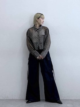 「RAGEBLUE（レイジブルー）の切り替えショートシアーシャツ（シャツ/ブラウス、ブラウン系）」を使った、たけおさん（レディース・157cm）の夏コーディネート