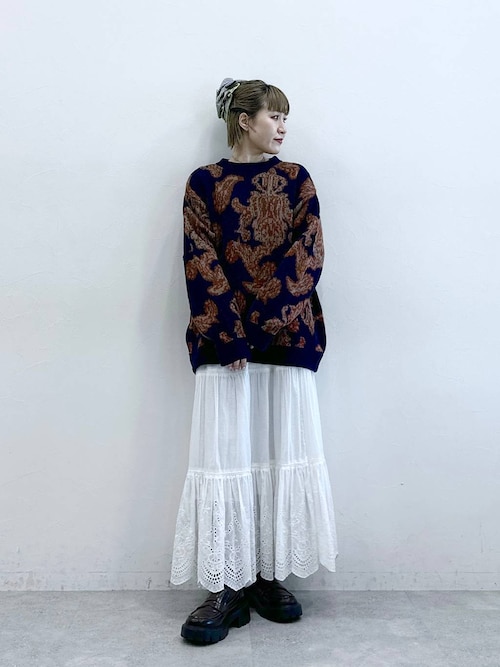 セール】Damask Pattern Jacquard Knit/ダマスク柄ジャガードニット