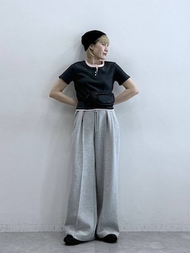 「RAGEBLUE（レイジブルー）のリブカラービーニ－（ニットキャップ/ビーニー、ブラック系）」を使った、たけおさん（レディース・157cm）の夏コーディネート