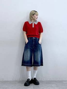 「RAGEBLUE（レイジブルー）の加工ワイドハーフパンツ（デニムパンツ、ブルー系）」を使った、たけおさん（レディース・157cm）の夏コーディネート