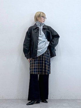 「RAGEBLUE（レイジブルー）のヴィンテージライク/BIGフェイクレザージャケット（ブルゾン）」を使った、たけおさん（レディース・157cm）の秋コーディネート