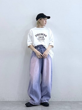 「RAGEBLUE（レイジブルー）のアシメウエスト/加工カーブデニムパンツ（デニムパンツ、ピンク系）」を使った、たけおさん（レディース・157cm）の夏コーディネート