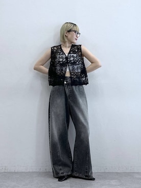 「RAGEBLUE（レイジブルー）のアシメウエスト/加工カーブデニムパンツ（デニムパンツ、グレー系）」を使った、たけおさん（レディース・157cm）の夏コーディネート
