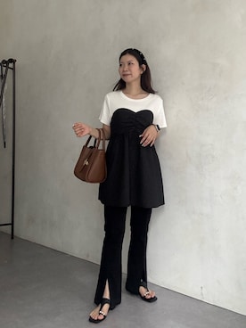 「prose verse（プロズヴェール）の【-3kg見え！】フロントスリットスーパーストレッチパンツ（その他パンツ、ブラック系）」を使った、まりんさん（レディース・148cm）の春コーディネート