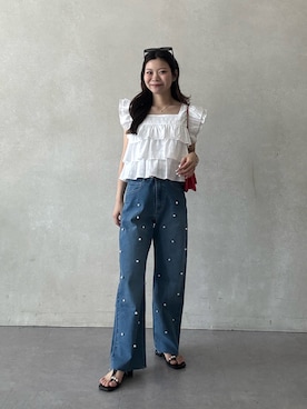 「prose verse（プロズヴェール）のランダムパールストレートストレッチデニム（デニムパンツ、ブルー系）」を使った、まりんさん（レディース・148cm）の春コーディネート