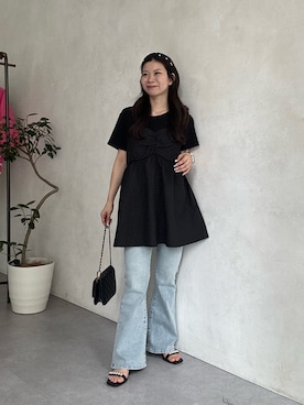 「prose verse（プロズヴェール）の【オリジナルロゴパッチ付】ストレッチフレアデニム（デニムパンツ、ブルー系）」を使った、まりんさん（レディース・148cm）の春コーディネート