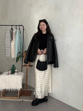 「アイテム（ライダースジャケット）」を使った、まりんさん（レディース・148cm）の冬コーディネート