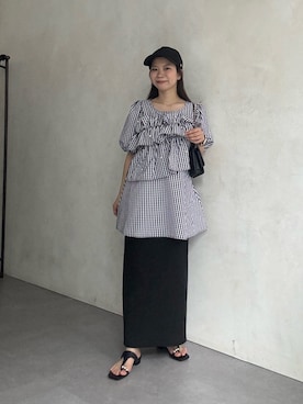 「prose verse（プロズヴェール）の【低身長・高身長サイズあり】ウエストドロストカットリブナロースカート（スカート、ブラック系）」を使った、まりんさん（レディース・148cm）の春コーディネート