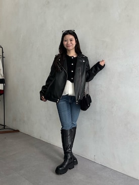 「アイテム（ライダースジャケット）」を使った、まりんさん（レディース・148cm）の冬コーディネート