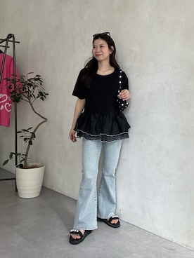 「prose verse（プロズヴェール）の【オリジナルロゴパッチ付】ストレッチフレアデニム（デニムパンツ、ブルー系）」を使った、まりんさん（レディース・148cm）の春コーディネート