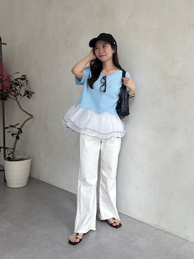 「prose verse（プロズヴェール）のストレッチスリムストレートツイルパンツ（その他パンツ、ホワイト系）」を使った、まりんさん（レディース・148cm）の春コーディネート