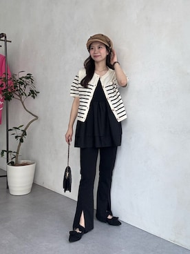 「prose verse（プロズヴェール）の【-3kg見え！】フロントスリットスーパーストレッチパンツ（その他パンツ、ブラック系）」を使った、まりんさん（レディース・148cm）の春コーディネート