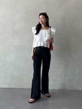 「prose verse（プロズヴェール）のウエストゴムストレッチセミフレアデニム（デニムパンツ、ブルー系）」を使った、まりんさん（レディース・148cm）の春コーディネート