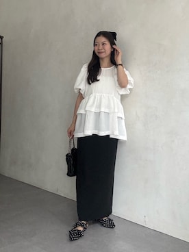 「prose verse（プロズヴェール）の【低身長・高身長サイズあり】ウエストドロストカットリブナロースカート（スカート、ブラック系）」を使った、まりんさん（レディース・148cm）の春コーディネート