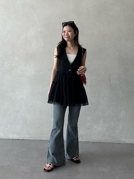 「prose verse（プロズヴェール）の【美脚見え】ロゴパッチ付きストレッチフレアデニム（デニムパンツ、ブルー系）」を使った、まりんさん（レディース・148cm）の春コーディネート