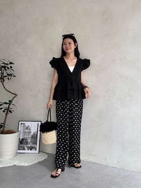 「prose verse（プロズヴェール）のドットサテンイージーパンツ（その他パンツ、ブラック系）」を使った、まりんさん（レディース・148cm）の春コーディネート