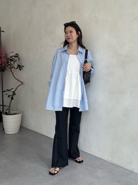 「prose verse（プロズヴェール）のポケットメタルチャームオーバーサイズシャツ（シャツ/ブラウス、ブルー系）」を使った、まりんさん（レディース・148cm）の春コーディネート