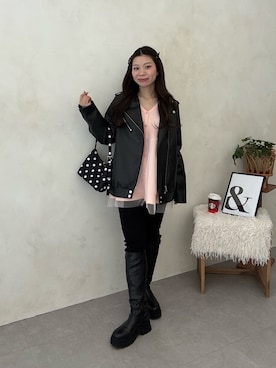 「アイテム（ライダースジャケット）」を使った、まりんさん（レディース・148cm・20代）の冬コーディネート