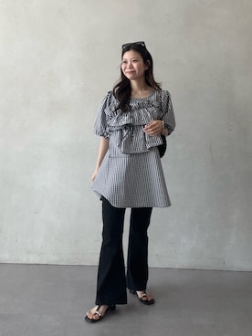 「prose verse（プロズヴェール）のセンターラインストレッチツイルフレアパンツ（その他パンツ、ブラック系）」を使った、まりんさん（レディース・148cm）の春コーディネート