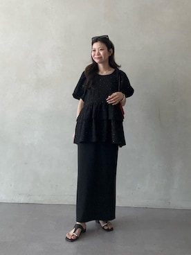 「prose verse（プロズヴェール）の【低身長・高身長サイズあり】ウエストドロストカットリブナロースカート（スカート、ブラック系）」を使った、まりんさん（レディース・148cm）の春コーディネート