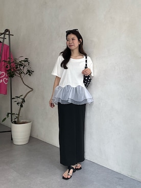 「prose verse（プロズヴェール）の【低身長・高身長サイズあり】ウエストドロストカットリブナロースカート（スカート、ブラック系）」を使った、まりんさん（レディース・148cm）の春コーディネート