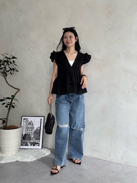 「prose verse（プロズヴェール）の【MOMO】ダメージストレッチストレートデニム（デニムパンツ、ブルー系）」を使った、まりんさん（レディース・148cm）の春コーディネート