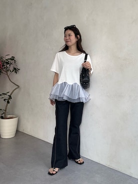 「prose verse（プロズヴェール）のウエストゴムストレッチセミフレアデニム（デニムパンツ、ブルー系）」を使った、まりんさん（レディース・148cm）の春コーディネート