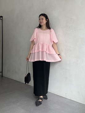 「prose verse（プロズヴェール）の【低身長・高身長サイズあり】ウエストドロストカットリブナロースカート（スカート、ブラック系）」を使った、まりんさん（レディース・148cm）の春コーディネート