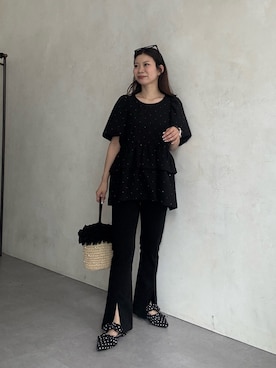 「prose verse（プロズヴェール）の【-3kg見え！】フロントスリットスーパーストレッチパンツ（その他パンツ、ブラック系）」を使った、まりんさん（レディース・148cm）の春コーディネート