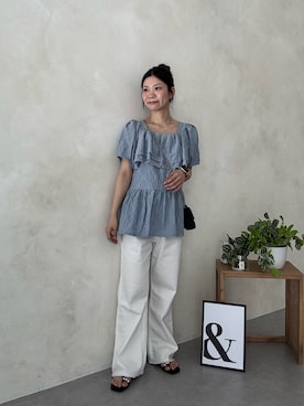 「prose verse（プロズヴェール）のストレッチスリムストレートツイルパンツ（その他パンツ、ホワイト系）」を使った、まりんさん（レディース・148cm）の春コーディネート