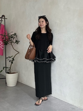 「prose verse（プロズヴェール）の【低身長・高身長サイズあり】ウエストドロストカットリブナロースカート（スカート、ブラック系）」を使った、まりんさん（レディース・148cm）の春コーディネート