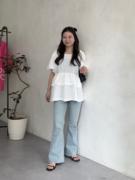 「prose verse（プロズヴェール）の【オリジナルロゴパッチ付】ストレッチフレアデニム（デニムパンツ、ブルー系）」を使った、まりんさん（レディース・148cm）の春コーディネート