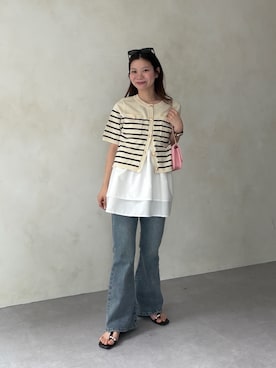 「prose verse（プロズヴェール）の【美脚見え】ロゴパッチ付きストレッチフレアデニム（デニムパンツ、ブルー系）」を使った、まりんさん（レディース・148cm）の春コーディネート