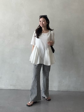 「prose verse（プロズヴェール）のスーパーストレッチギンガムフレアパンツ（その他パンツ、ブラック系）」を使った、まりんさん（レディース・148cm）の春コーディネート